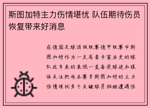 斯图加特主力伤情堪忧 队伍期待伤员恢复带来好消息