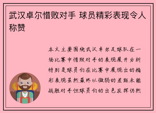 武汉卓尔惜败对手 球员精彩表现令人称赞