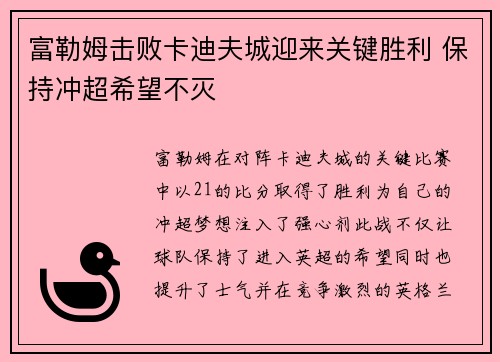 富勒姆击败卡迪夫城迎来关键胜利 保持冲超希望不灭