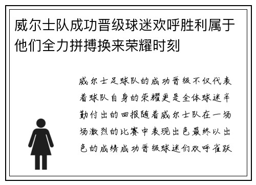 威尔士队成功晋级球迷欢呼胜利属于他们全力拼搏换来荣耀时刻